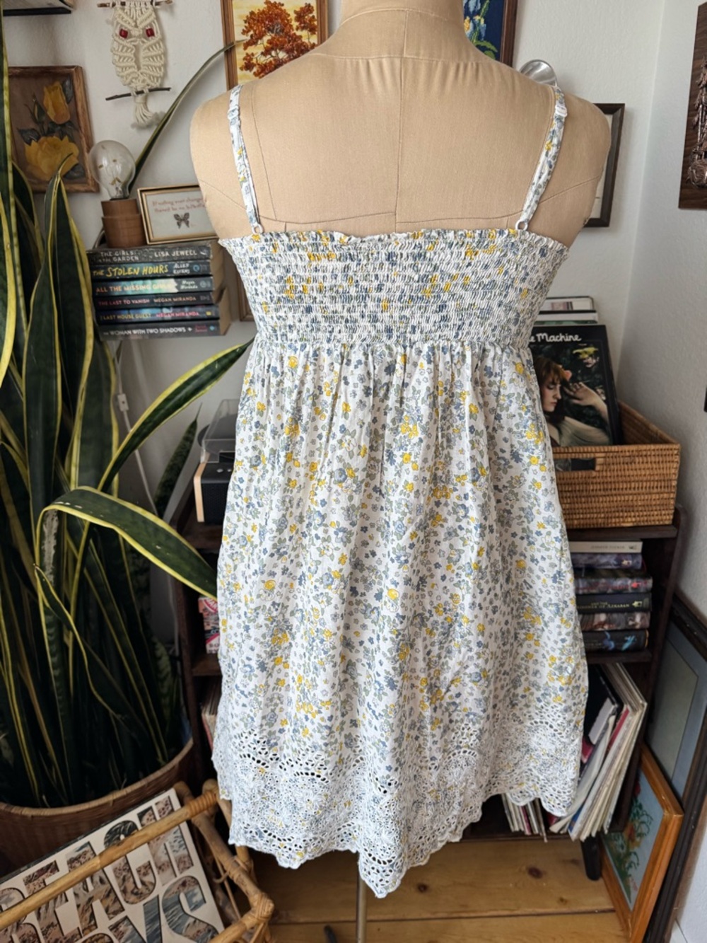 Joie Floral Mini Sundress Babydoll This Strap Eyelet Lace Large Cream Blue - Picture 5 of 11